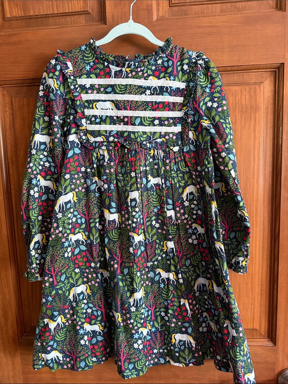 Boden Girls' Navy Unicorn & Floral Long Sleeve Dress